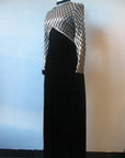 70s wither holiday long dress black velvet with silver