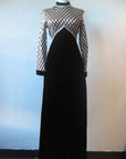 long evening dress, 1970s silver sparkle empire waist with black velvet skirt