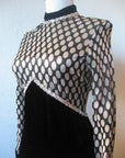close up of corset style waist, 70s silver and black formal gown