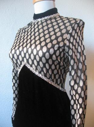 close up of corset style waist, 70s silver and black formal gown