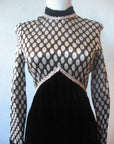 bodice, 1970s vintage maxi dress silver polka dots and braid trim