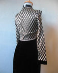 back view, winter evening dress silver lurex polka dots with black velvet