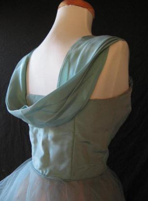 back view of 50s prom dress bodice, showing removable draped swag