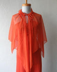 70s Women's Dress Disco Vintage 30s Style Orange Jersey Long Chiffon Cape Small to Extra Small VFG