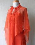 70s Women's Dress Disco Vintage 30s Style Orange Jersey Long Chiffon Cape Small to Extra Small VFG