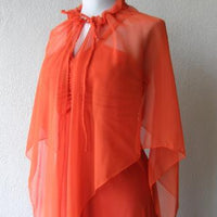 70s Women's Dress Disco Vintage 30s Style Orange Jersey Long Chiffon Cape Small to Extra Small VFG