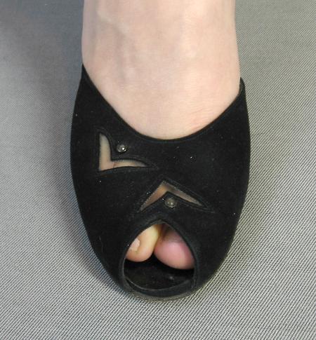 close up detail, toebox of 1950s vintage peeptoe heels with see through embellishment