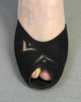 close up detail, toebox of 1950s vintage peeptoe heels with see through embellishment
