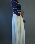 side view, patriotic maxi with snug top and pleated white skirt