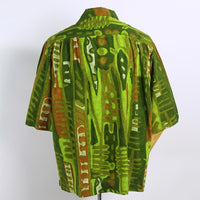 back view, Hawaiian shirt in bold tiki style print