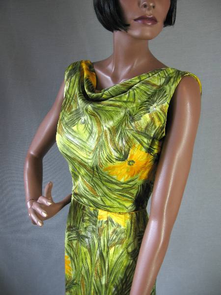 bodice with cowl neckline, bombshell dress green yellow print