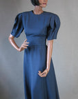 1980s dark blue silk designer dress