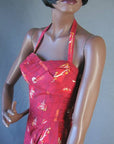 bodice, 1950s vintage sarong dress red kokeshi print