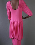 back view, draped and ruched pink jersey dress with bubble skirt