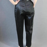 back view, black satin Asian cigarette style pants