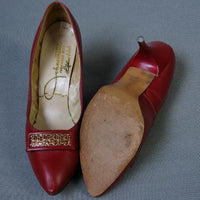 overhead view of 50s 60s red stilettos showing inside and soles