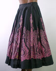50s Full Skirt Women's Vintage 60s Paisley Print Black Pink VFG Medium Sears Kerrybrooke