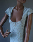 bodice, low scoop neckline 70s semisheer lace nightgown