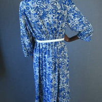back view, blue and white paisley print vintage dress