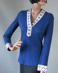 vintage 1960s Boho women's dark blue evening sweater with silver trim