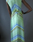 back view, chevron striping in cool summer colors green blue