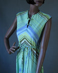 bodice, 70s chevron striped maxidress with Asian stle frogs and braided tie belt