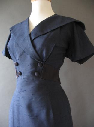 bodice closeup, wide sailor style collar wrap front button detail