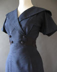 bodice closeup, wide sailor style collar wrap front button detail