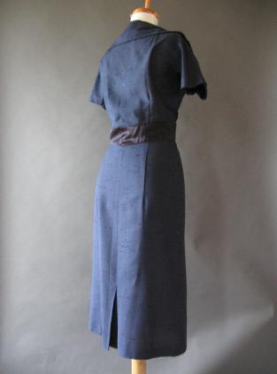 back view, 50s fitted sheath cocktail dress navy blue