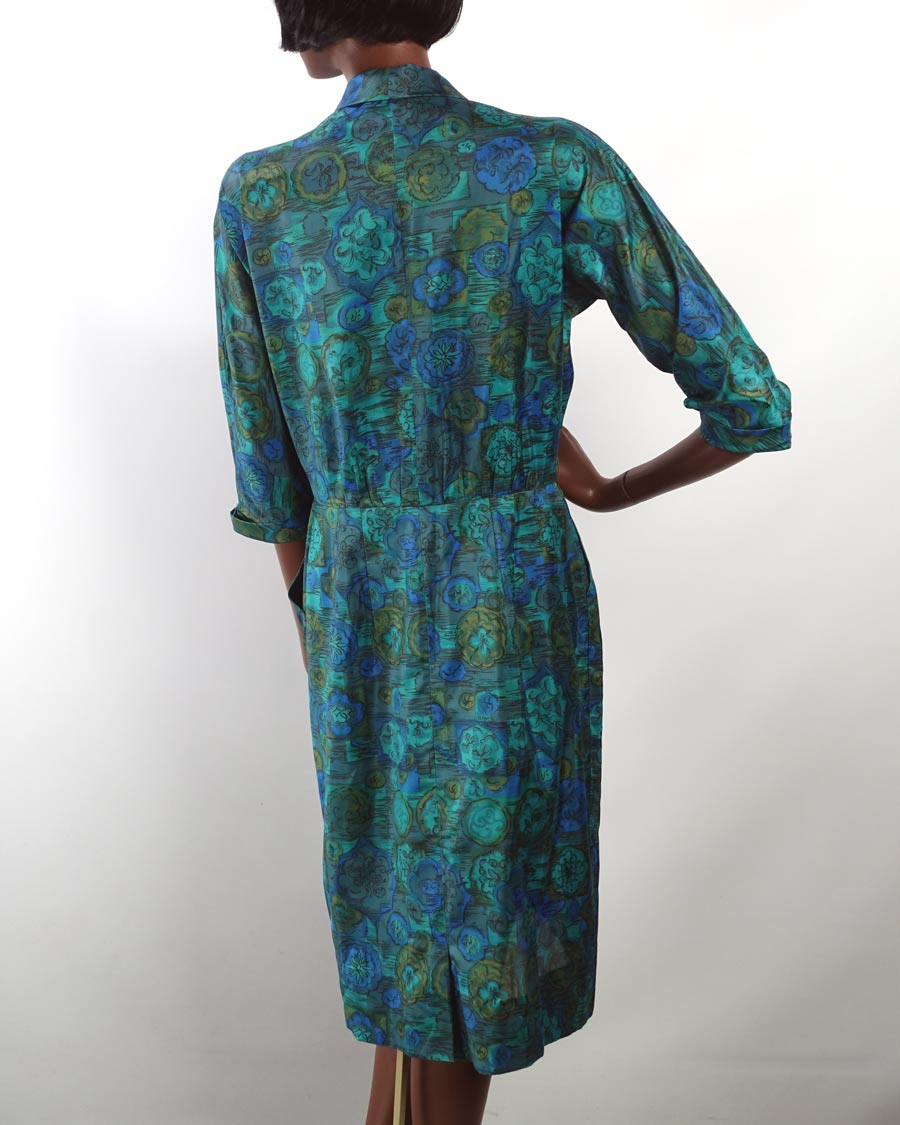 50s Fitted Sheath Dress Vintage Silky Blue Green Print Medium to Large VFG McArthur 50s Fitted Sheath Dress Vintage Silky Blue Green Print Medium to Large VFG McArthur