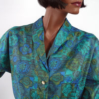 close up, 50s sheath dress blue green floral abstract print