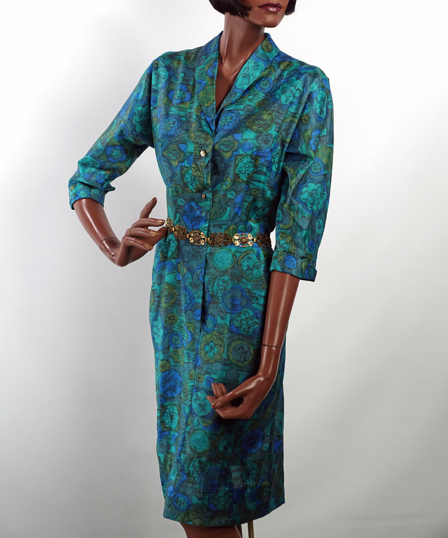 50s Fitted Sheath Dress Vintage Silky Blue Green Print Medium to Large VFG McArthur 50s Fitted Sheath Dress Vintage Silky Blue Green Print Medium to Large VFG McArthur
