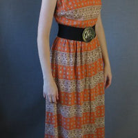 70s paisley striped maxi dress, belted