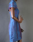 side view, 80s designer strapless minidress with capelet