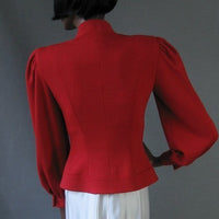 back view, red fit and flare jacket with puffed shoulders and full sleeves
