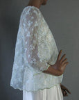 side view, sheer organza jacket top with shiny eyelet embroidery