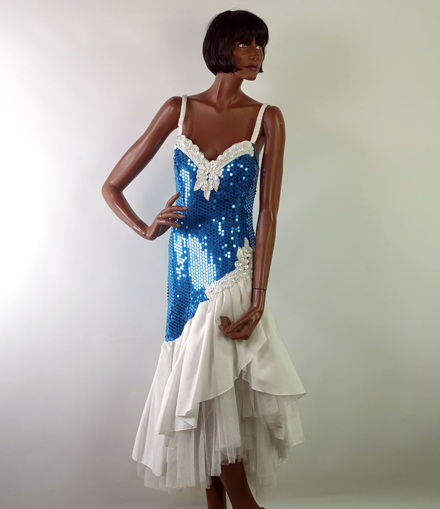 80s Prom Dress Sequined Women's Vintage Turquoise White Paris Sport Club XS/S Dance Party VFG