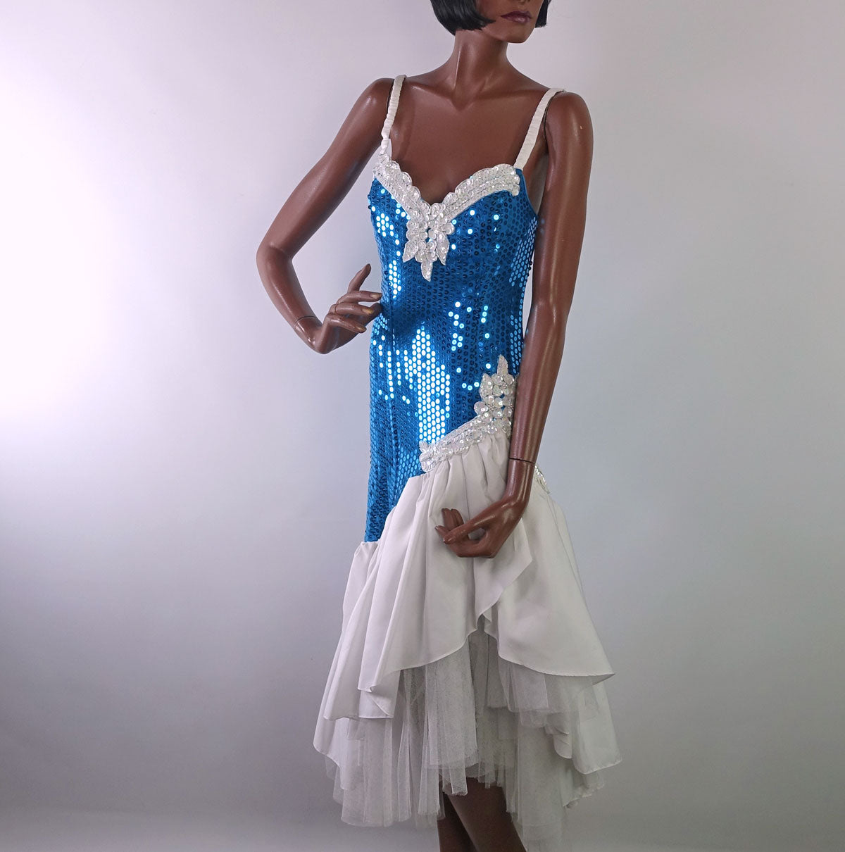 80s Prom Dress Sequined Women's Vintage Turquoise White Paris Sport Club XS/S Dance Party VFG