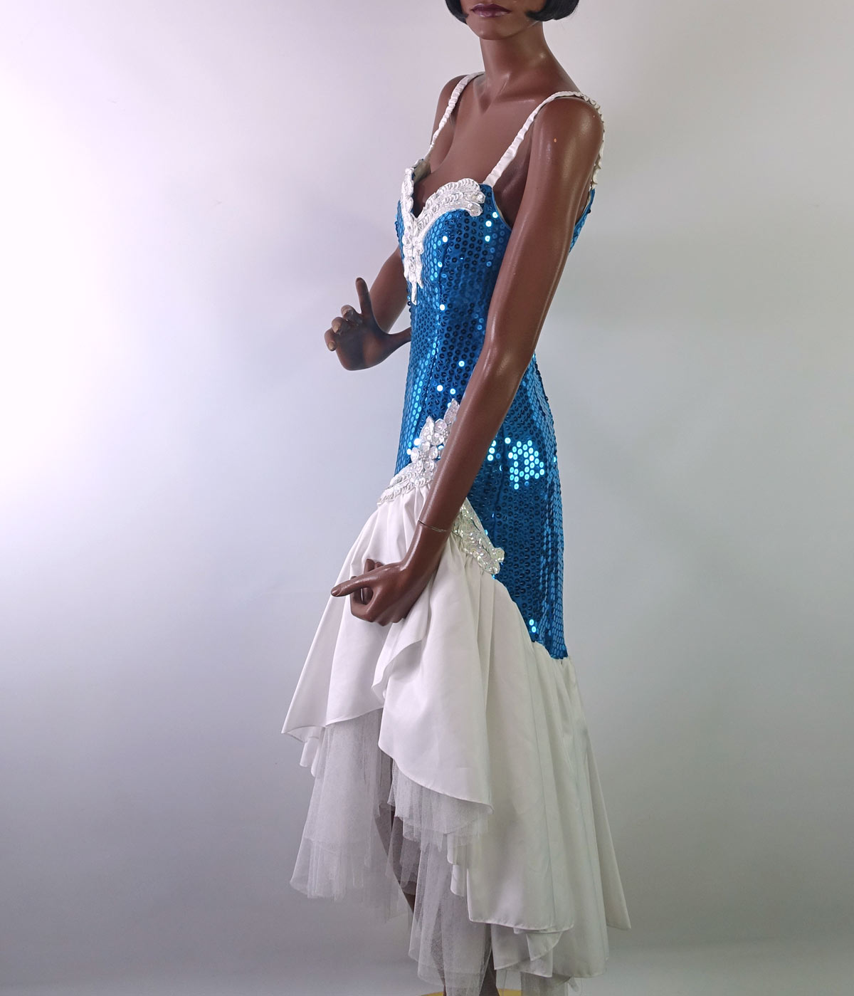 80s Prom Dress Sequined Women's Vintage Turquoise White Paris Sport Club XS/S Dance Party VFG