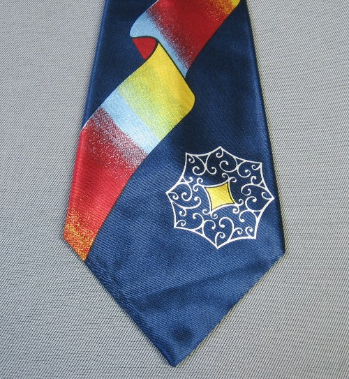 closeup, 1940s wide necktie colorful electric ribbon print