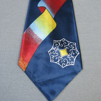 closeup, 1940s wide necktie colorful electric ribbon print