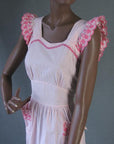 bodice, 1940s pink and white pinafore dress trimmed with embroidery and rickrack