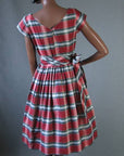 back view, full skirted fit & flare day dress with wiast sash