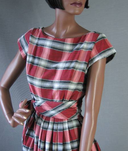 bodice, 50s red plaid day dress with stripe effect showing cap sleeves and waist sash