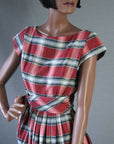 bodice, 50s red plaid day dress with stripe effect showing cap sleeves and waist sash