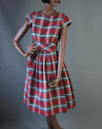 1950s red and gray plaid full skirt day dress