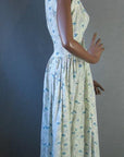 side view, 50s cotton day dress in blue and white print
