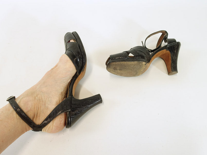 40s reptile peep toe heelss, view of outer sole and as seen on a human foot