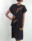 40s Vintage Cocktail Dress Women's Large LBD Sparkly Arrow Accent Peplum VFG