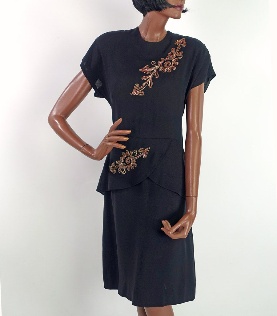40s Vintage Cocktail Dress Women's Large Lbd Sparkly Arrow Accent Peplum VFG